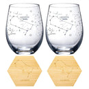 Set Of 2 Zodiac Sign Wine Glasses With 2 Wooden Coasters By Astrology Drinking Glass by The Wine Savant