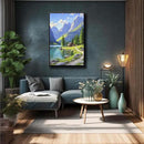 Landscape wall painting of mountain forest lakeside cabin under blue sky and white clouds natural oil painting poster suitable for living room bedroom office by CozyNest Decor
