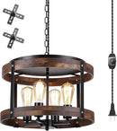 4-Light Large Rustic Farmhouse Plug in Pendant Light Fixture with Adjustable Chain, Dimmable Switch, 16.5 inch Oak Wood Drum Hanging Lamp for Dining Room Living Room Farmhouse Entry, Black by CozyNest Decor