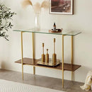 Glass Console Table for Living Room, Foyer & Entrance, 2-Tiers Mid-Century Modern Sofa Table with Clear Glass Top, Walnut Finish Wood Top and Gold Finish Metal Frame by CozyNest Decor