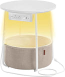 VASAGLE Side Table with Charging Station, Round End Table with Fabric Basket, LED Nightstand with Power Outlets, USB Ports, for Living Room, Bedroom, Modern, Matte White and Camel Brown ULET227W01 by CozyNest Decor