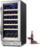 15 Inch Wine Fridge 32 Bottles Wine Cooler Refrigerator Undercounter Wine Fridge with Glass Door, LED Light, Removable Wooden Shelves, Built-in or Freestanding Wine Refrigerator for Home Office Bar by CozyNest Decor