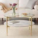 Round Coffee Table for Living Room, Mid-Century Modern Design, D30 x H17, 2-Tier Structure, Clear Glass Top and White Marble Finish Wood Shelf, Sleek Conical Metal Legs with Gold Finish Frame by CozyNest Decor