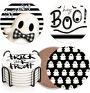 Coaster for Drinks Set of 6, Halloween Hey Boo Cute Ghost Spooky Black White Absorbent Round Ceramic Stone Mat, with Cork Base and Metal Holder, Gift for Housewarming Room Bar Decor by CozyNest Decor