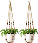 Mkono Macrame Plant Hanger Indoor Jute Hanging Planter Basket with Wood Beads Decorative Flower Pot Holder No Tassels for Indoor Outdoor Boho Home Decor 35 Inch, Brown, Set of 2 (POTS NOT Included) by GreenHaven Gardens
