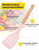 Pack of 4 Silicone Cooking Utensils Set, Non Stick Solid Spatulas and Heat Resistant Slotted Spoons with Wooden Handle, Ideal Wood Kitchen Utensils Set for Frying,Serving,Turning,Stirring (PINK) by CozyNest Decor
