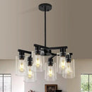 6-Light Modern Farmhouse Black Chandelier, Dining Room Light Fixture Over Table Adjustable Height Hanging Industrial Pendant Lights Kitchen Island, Clear Glass Shade by CozyNest Decor
