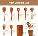 Wooden Spoons for Cooking, Nonstick Kitchen Utensils Set with 4 Piece Measuring Spoons, Comfort Grip Wooden Spatula Set, 9 Piece Teak Wooden Cooking Utensils with Holder and Spoon Rest by CozyNest Decor