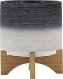 Sagebook Home 8" Planter on Stand - Ceramic Planter on Wooden Base - Contemporary Gray and White Textured Design Indoor or Outdoor Plant Stand Decor by GreenHaven Gardens
