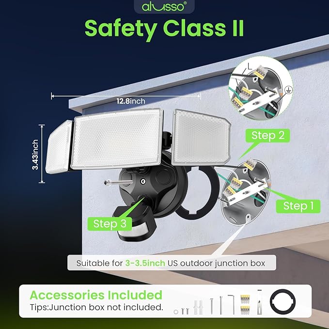 ALUSSO® LED Security Lights Motion Sensor, 60W 6000LM 3 Modes Flood Lights Outdoor Motion Sensor, 3CCT 3 Heads Outdoor Security Light Wet Location Use for House Garage Yard Walkway Black, photo 8 of 9