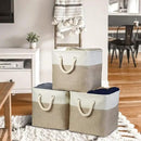 i BKGOO 3Pack Large Foldable Storage Bins，Collapsible Sturdy Cationic Fabric Organizing Storage Basket Cube with Cotton Handles for Home Office Shelf Clothes Toys White-Khaki 13×13×13 inch by CozyNest Decor