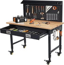 48'' Adjustable Workbench on Wheels, 2000LBS Heavy Duty Worktable with Power Outlets & Drawers & Pegboard, Rubberwood Workstation for Workshop, Garage, Office, Home by GreenHaven Gardens