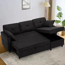 84 Inches Fabric Sectional Sofa w/Pull Out Sofa Bed & Adjustable Back, Tufted L Shaped Couch w/Storage Chaise, Sleeper Sectional Sofa w/USB Port & Cup Holders for Living Room, Black