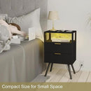 Black Nightstand with Charging Station and LED Lights,Modern Bedside Table with 2 Storage Drawer and Open Wood Shelf, for Bedroom and Small Spaces,Night Stand with Solid Wood Legs,Black by CozyNest Decor
