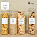4 Pack Glass Jar with Airtight Wood Lid and White 132 Kichen Pantry Labels Preprinted - 38 Oz Clear Round Glass Food Storage Containers set For Cereal Rice Sugar by CozyNest Decor