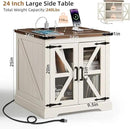 24" End Table with Charging Station, Farmhouse Night Stand with Glass Barn Door, White Nightstands with Adjustable Storage Shelf, Large Wood Square Bed Side Table for Living Room,Bedroom by CozyNest Decor