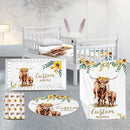 Custom Nursery Crib Bedding Set: Personalized Name 4 Piece Yellow Highland Cattle Design Baby Crib Sets for Girls - Toddler Double Layer Blanket Set, Comfortable Crib Bed Sheets for Baby Toddlers by TinyTreasures Baby Boutique