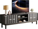Black Mid Century Modern TV Stand, Wood Fluted Living Room TV Stands with Storage Sliding Doors, Desert-Inspired Design MCM Entertainment Center for 55 60 65 70 75 55+ 60+ 65+ 70+ Inch by CozyNest Decor