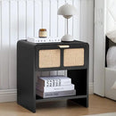 LEVNARY Nightstand with Charging Station, Mid-Century Modern Bedside Table with Curved Top Corners and Fabric-Like Textured Drawer, Wooden End Table for Farmhouse Bedroom Living Room (1, Black) by CozyNest Decor
