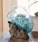 Hand Blown Molten Glass & Teak Wood Terrarium/Vase/Fish Bowl - Premium Quality (7" - 9" High) by CozyNest Decor