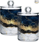 2 Pack Qtip Holder Dispenser Navy Blue Marble Bathroom Storage Canister Lid Acrylic Plastic Apothecary Jar Set Vanity Makeup Organizer for Cotton Swabs/Pads/Floss by CozyNest Decor