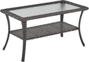 Patio Tables Outdoor Coffee Table - Wicker Rattan Coffee Tables with 2-Tier Storage Shelf Glass Top for Outside Proch Deck Balcony Garden Rectangle Brown by GreenHaven Gardens