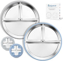 Stainless Steel Toddler Plate with Suction, 9” Divided Plates with Removable Silicone Sleeves for Kids, Non Toxic & BPA Free | Non Slip | Unbreakable Baby Snack Dishes Set of 2, Blue & Gray by TinyTreasures Baby Boutique