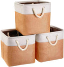 i BKGOO 3Pack Large Foldable Storage Bins，Collapsible Sturdy Cationic Fabric Organizing Storage Basket Cube with Cotton Handles for Home Office Shelf Clothes Toys Beige-Orange 13×13×13 inch by CozyNest Decor