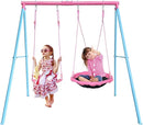 440lbs 2 Seat Kids Swing Sets for Backyard, 1 Saucer Tree Swing 32 inch, 1 Belt Swings, Heavy Duty Metal Swing Stand with Anchors(Pink+Blue) by TinyTreasures Baby Boutique