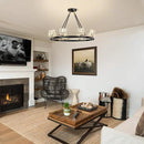 Black Wagon Wheel Chandelier, 8-Light Farmhouse Crystal Chandeleirs with Adjustable Height,Ceiling Hanging Light Fixture Pendant Lights for Living Room,Bedroom,Kitchen Island,Dining Room,Bedroom by CozyNest Decor