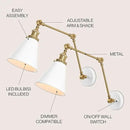 JONATHAN Y JYL7462B-SET2 Rover 7" Classic Industrial Metal Adjustable Arm LED Wall Sconce, White/Brass Gold (Set of 2) for Bedroom, Bathroom, Vanity by CozyNest Decor