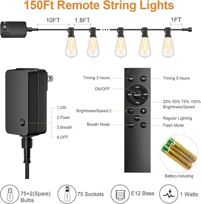 150FT Outdoor String Lights with Remote, Garden Patio Decor with 2500K Warm White, 75+3 LED Edison Bulbs, Support Timer Dimmable Waterproof Shatterproof for Yard Outside Porch Deck Backyard, photo 2 of 8