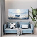 Large Wall Art for Living Room Bedroom Decor - Modern Nautical Beachy Ocean Beach Seascape Nature Artwork with Blue Boat Moon Lake Mountain Sea - Relaxing Serene Canvas Picture for Coastal Rustic Home by CozyNest Decor