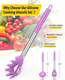 Silicone Pasta Fork and Ladle Spoon Set, Large Non Stick Kitchen Utensils for Cooking,Stirring,Serving Spaghetti, Soup, Sauce (PURPLE) by CozyNest Decor