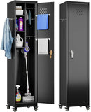 72''H Metal Broom Closet Storage Cabinet with Wheels & Pegboards, Mops Broom Closet Organizer with Locking Door & Hanging Rod,Cleaning Tool Garage Storage Cabinet,Assembly Required,Black by GreenHaven Gardens