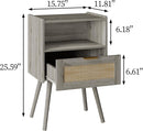 Rattan Nightstand,Modern Bedside Table with Storage Drawer and Open Wood Shelf, for Living Room, Bedroom and Small Spaces, Accent Night Stand with Solid Wood Legs, Easy Assembly(Grey Oak) by CozyNest Decor