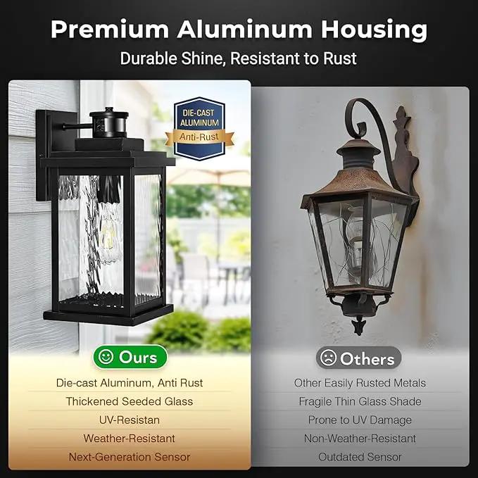 VIANIS Large Advanced Motion Sensor Outdoor Lights, Black Easy-to-Install Dusk to Dawn Outdoor Wall Lights, Aluminum Waterproof Porch Light with Water Glass for Porch, Garden, Front Door, photo 7 of 9
