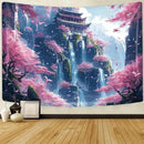FENDROM Japanese Aesthetic Pink Cherry Blossom Tree Tapestry Building On Mountains Waterfall River Fairytale World Asian Art Tapestry for Bedroom Living Room by CozyNest Decor