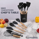 Silicone Cooking Utensils Set, Premium Beech Wood Handle Kitchen Gadgets Utensil Set, Non-Stick Kitchen Utensils Spatula, Tongs, Turner, Whisk, Brush, Spoon, BPA FREE, 446°F Resistant (Black) by CozyNest Decor