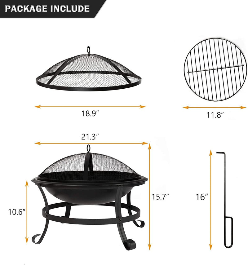 22-Inch Outdoor Wood-Burning BBQ Grill Fire Pit with Round Mesh Spark Screen Cover