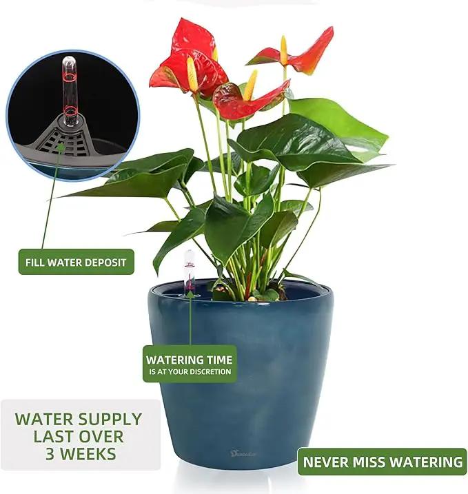 Dexceder 11x10 Inches Self Watering Planter Indoor Outdoor, Inner Pot Design, Thickened Table Flower Plant Pot with Water Level Indicator (Grayish Green Gradient), photo 5 of 6