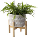 LA JOLIE MUSE Ceramic Plant Pot with Wood Stand - 7.3 Inch Modern Round Decorative Flower Pot Indoor with Wood Planter Holder, Beige and White by GreenHaven Gardens
