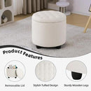 Furniliving Upholstered Button Tufted Round Ottoman, PU Storage Ottoman Round, Removable Lid Convenient Footstools, Classic Ottoman with Storage for Vanity, Nursery Room，IvoryWhite by CozyNest Decor