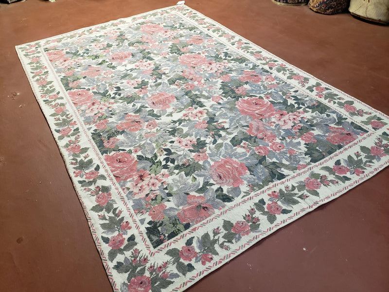 5x8 Needlepoint Rug 5' 4" x 8' 3" Wool Flat Weave Floral New Unused Carpet English Design Ivory Large Pink Flowers Green Leaves Hand-Knotted