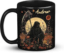 Custom Name Coffee Mug, Halloween Inspired Ceramic Cup 11oz 15oz, Personalized Spooky Reaper Coffee Cup, Halloween Character White Mug with Moon and Floral, Gifts for Men, Women by CozyNest Decor