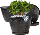 3 Pack Flower Pots Outdoor 11 Inch Plant Pots Indoor, Large-Plastic-Plant-Flower-Planters-Pots with Drainage Hole & Tray, Modern Decorative Garden Pot with Saucer(Brown) by CozyNest Decor