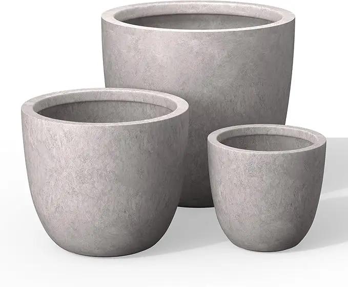 Kante 18",14",10" Dia Concrete Round Planters (Set of 3), Outdoor Indoor Large Planter Pots with Drainage Hole and Rubber Plug for Home Patio Garden, Light Gray