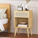 Rattan Nightstand with Opening Storage,Boho Bedside Table with Drawer,Wood Nightstand with Solid Wood Legs,End Side Table for Living Room,Bedroom,Small Space Natural CTG62Y by CozyNest Decor