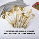 Gold Kitchen Utensils Set, 12 PCS Brass Matte Serving Utensils, 18/10 Stainless Steel All Metal Cooking Tools - Potato Masher, Tongs, Meat Fork, Spatula, Turner, Ladle, Skimmer, Spaghetti Spoon Set by CozyNest Decor