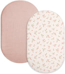 Bassinet Sheet for Baby Boy and Girl 2 Pack, Fitted Sheets for Rectangle, Oval, Hourglass Bassinet Mattress, Muslin Moses Basket Sheets with Neutral Style (Rosy) by TinyTreasures Baby Boutique